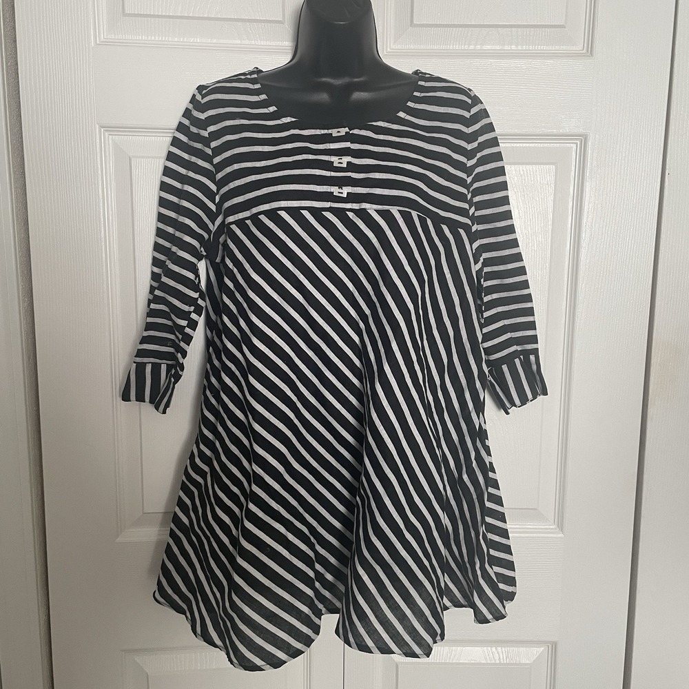 IC Connie K Babydoll Dress Women M Black White Striped 3/4 Sleeve Nautical Short
